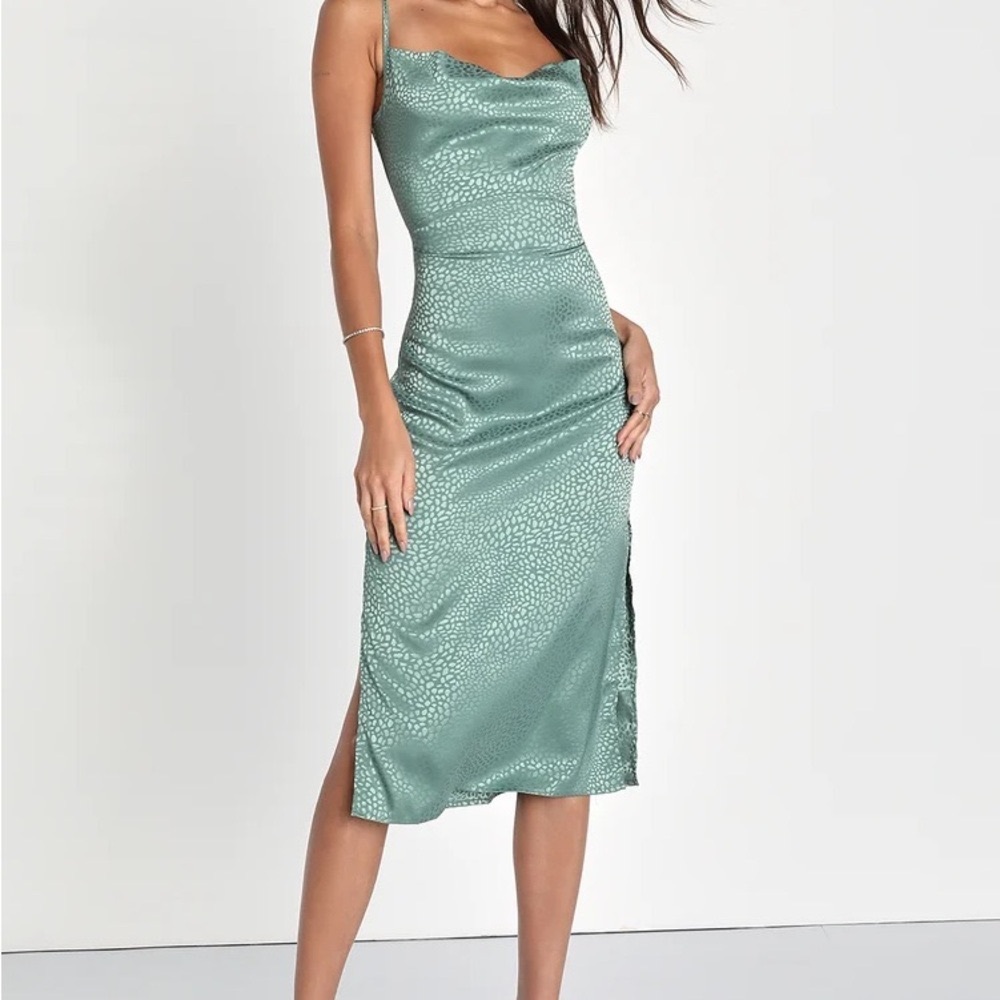 Lulus Lena Total Stunner Sage Green Satin Jacquard Cowl Neck Midi Dress